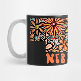 Nebraska State Design | Artist Designed Illustration Featuring Nebraska State Outline Filled With Retro Flowers with Retro Hand-Lettering Mug